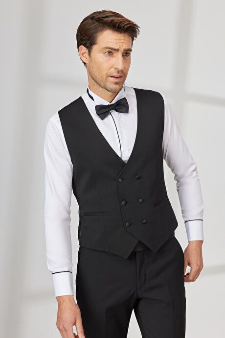 Slim Fit Slim Fit V-Neck Patterned Classic Black Vest 4A3400000002SYH