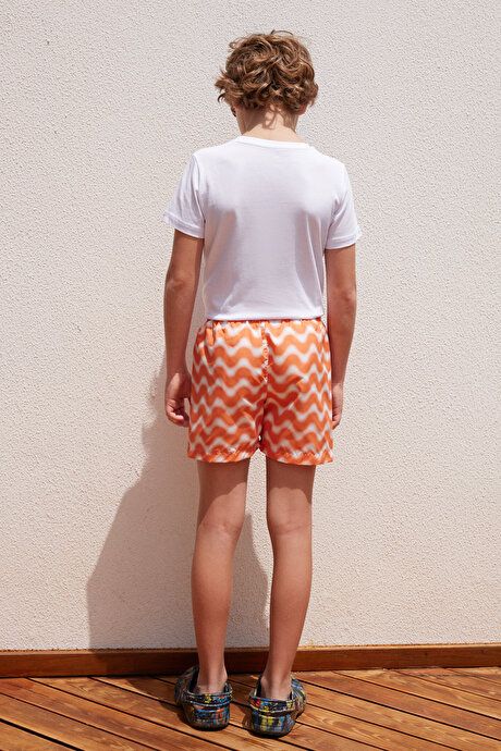 Standard Fit Regular Fit Quick Drying Patterned White-Orange Swimsuit Sea Shorts with Pockets 4A4722200112BTU