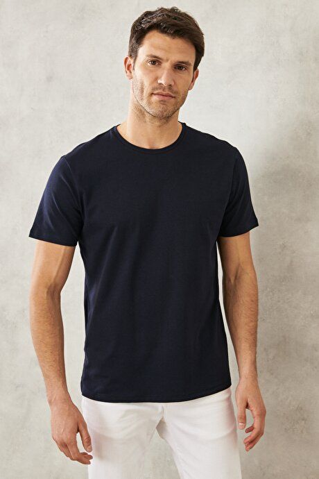 360 Degree Stretchy Slim Fit Crew-Neck Navy Blue T-Shirt 4A4800000011LAC