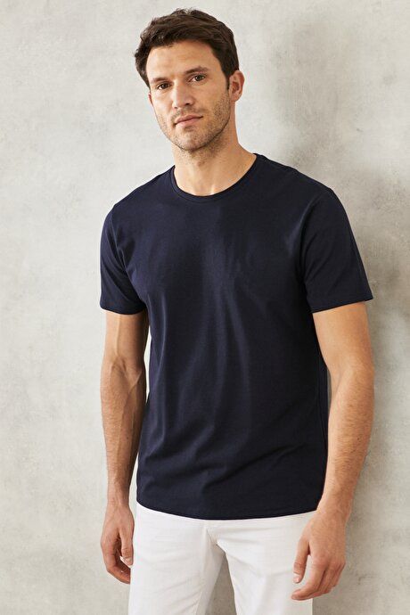 360 Degree Stretchy Slim Fit Crew-Neck Navy Blue T-Shirt 4A4800000011LAC