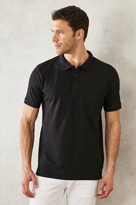 Regular Fit Wide Cut Polo Collar Pocket Black-Black T-Shirt 4A4820200004SSS