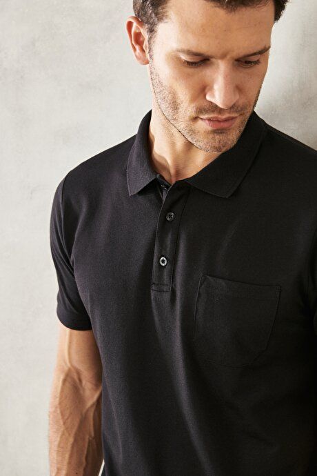 Regular Fit Wide Cut Polo Collar Pocket Black-Black T-Shirt 4A4820200004SSS