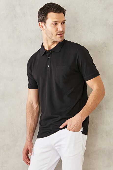 Regular Fit Wide Cut Polo Collar Pocket Black-Black T-Shirt 4A4820200004SSS