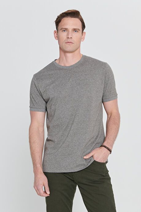 Slim Fit Slim Fit Crew Neck Cotton Short Sleeve Khaki Melange T-Shirt 4A4823200233HKM