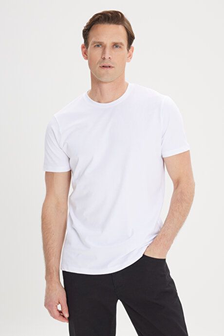 Slim Fit Slim Fit Cotton Crew Neck White T-Shirt 4A4824200088BYZ