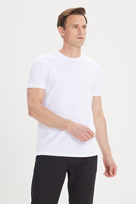 Slim Fit Slim Fit Cotton Crew Neck White T-Shirt 4A4824200088BYZ