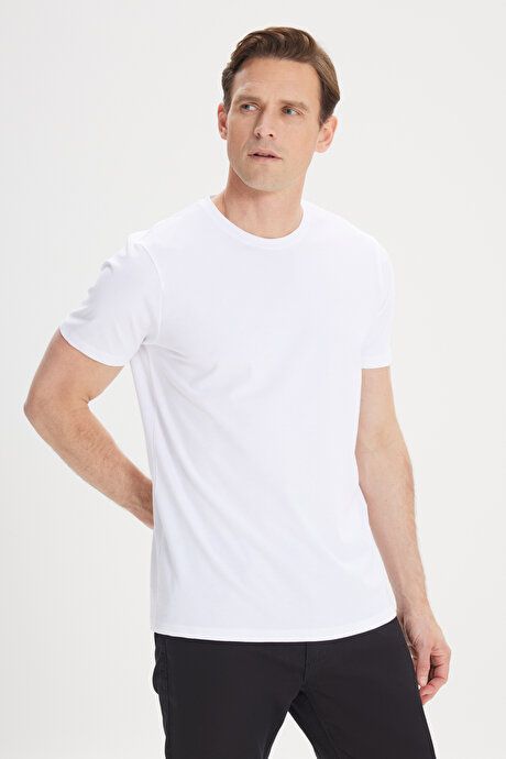 Slim Fit Slim Fit Cotton Crew Neck White T-Shirt 4A4824200088BYZ