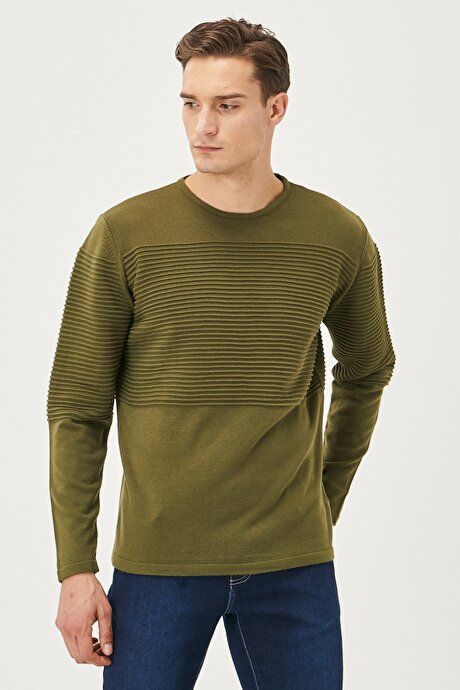 Anti-Pilling Non-Pilling Standard Fit Crew-Neck Line Textured Light Khaki Pullover 4A4921100065AHI