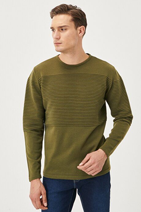 Anti-Pilling Non-Pilling Standard Fit Crew-Neck Line Textured Light Khaki Pullover 4A4921100065AHI