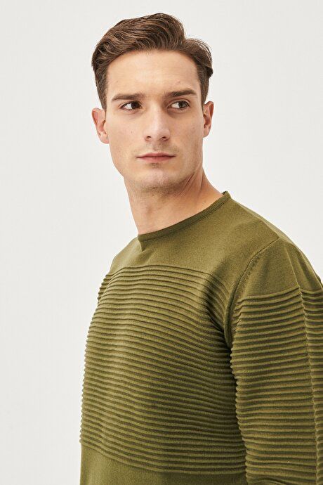 Anti-Pilling Non-Pilling Standard Fit Crew-Neck Line Textured Light Khaki Pullover 4A4921100065AHI