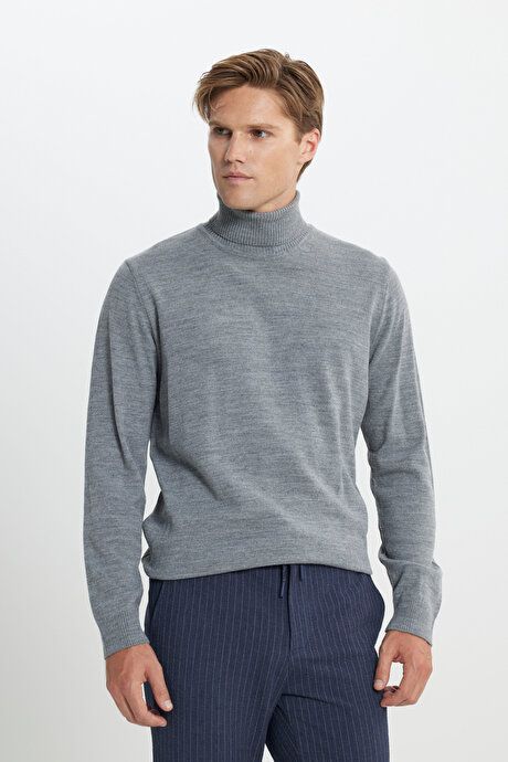 Standard Fit Non-Pilling Full Turtleneck Gray Melange Sweater 4A4922100004GMJ