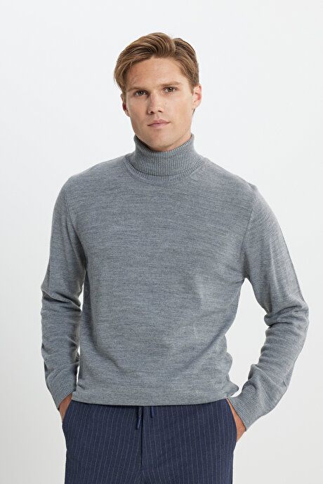 Standard Fit Non-Pilling Full Turtleneck Gray Melange Sweater 4A4922100004GMJ