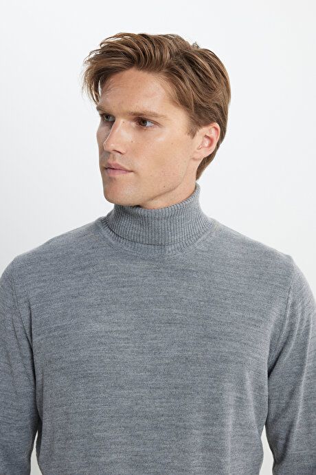 Standard Fit Non-Pilling Full Turtleneck Gray Melange Sweater 4A4922100004GMJ