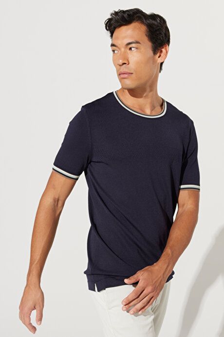 Standard Fit Regular Fit Crew Neck 100% Cotton Short Sleeve Navy Blue Sweater T-Shirt 4A4923200015LAC