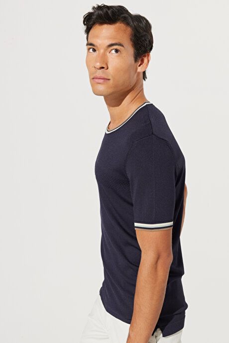 Standard Fit Regular Fit Crew Neck 100% Cotton Short Sleeve Navy Blue Sweater T-Shirt 4A4923200015LAC