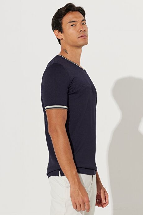 Standard Fit Regular Fit Crew Neck 100% Cotton Short Sleeve Navy Blue Sweater T-Shirt 4A4923200015LAC