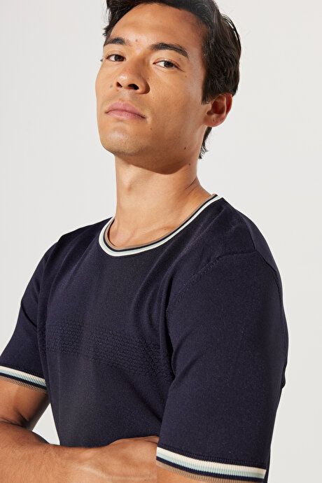 Standard Fit Regular Fit Crew Neck 100% Cotton Short Sleeve Navy Blue Sweater T-Shirt 4A4923200015LAC