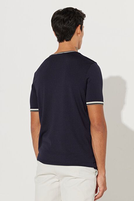 Standard Fit Regular Fit Crew Neck 100% Cotton Short Sleeve Navy Blue Sweater T-Shirt 4A4923200015LAC