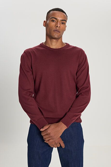 Standard Fit Regular Fit Crew-Neck Burgundy Pullover 4A4924100072BRD