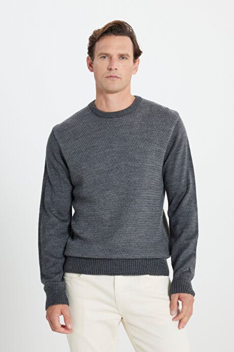 Standard Fit Regular Fit Crew-Neck Honeycomb Patterned Anthracite-Gray Melange Sweater 4A4924100200AGJ