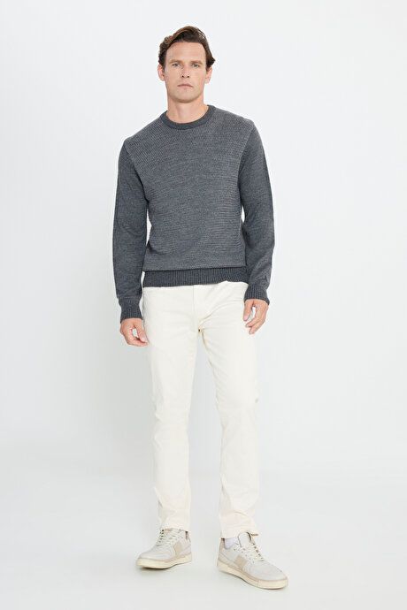 Standard Fit Regular Fit Crew-Neck Honeycomb Patterned Anthracite-Gray Melange Sweater 4A4924100200AGJ