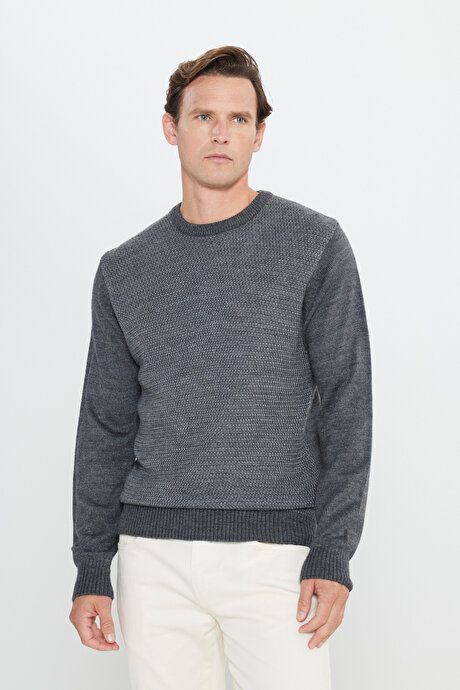 Standard Fit Regular Fit Crew-Neck Honeycomb Patterned Anthracite-Gray Melange Sweater 4A4924100200AGJ