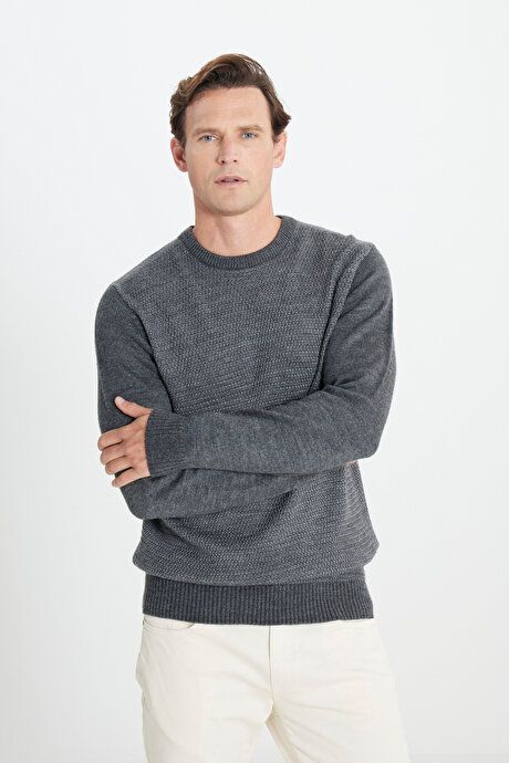 Standard Fit Regular Fit Crew-Neck Honeycomb Patterned Anthracite-Gray Melange Sweater 4A4924100200AGJ