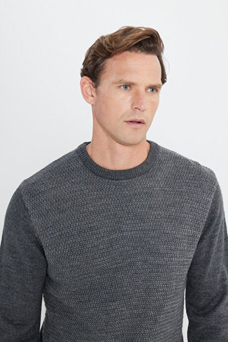 Standard Fit Regular Fit Crew-Neck Honeycomb Patterned Anthracite-Gray Melange Sweater 4A4924100200AGJ