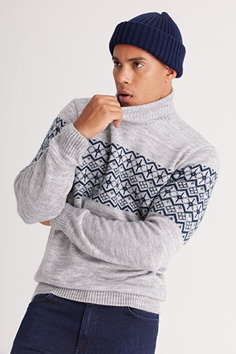 Standard Fit Regular Fit Turtleneck Zigzag Patterned Gray Melange-Navy Sweater 4A4924100208GMI