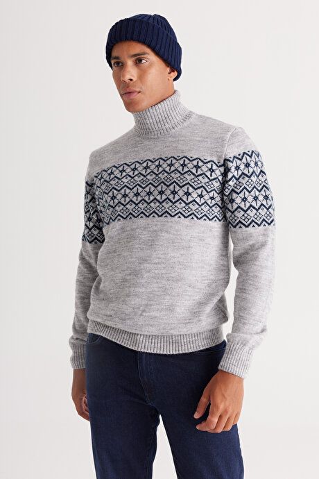 Standard Fit Regular Fit Turtleneck Zigzag Patterned Gray Melange-Navy Sweater 4A4924100208GMI