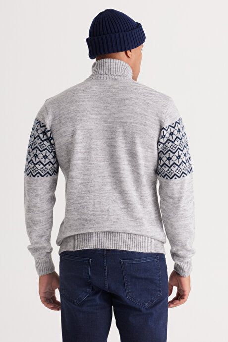 Standard Fit Regular Fit Turtleneck Zigzag Patterned Gray Melange-Navy Sweater 4A4924100208GMI