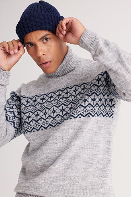 Standard Fit Regular Fit Turtleneck Zigzag Patterned Gray Melange-Navy Sweater 4A4924100208GMI