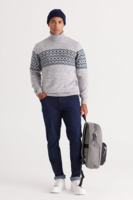 Standard Fit Regular Fit Turtleneck Zigzag Patterned Gray Melange-Navy Sweater 4A4924100208GMI