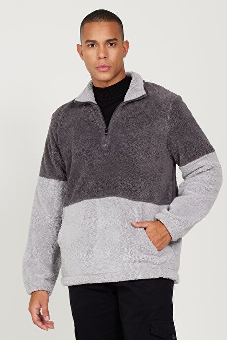 Standard Fit Regular Fit Bato Collar Kangaroo Pocket Double Color Sherpa Sweatshirt Light Melange-Grey Melange Fleece 4A5222100218AJG