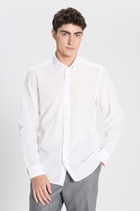 Slim Fit Slim Fit Button-down Collar 100% Cotton White Shirt 4C2024200002BYZ