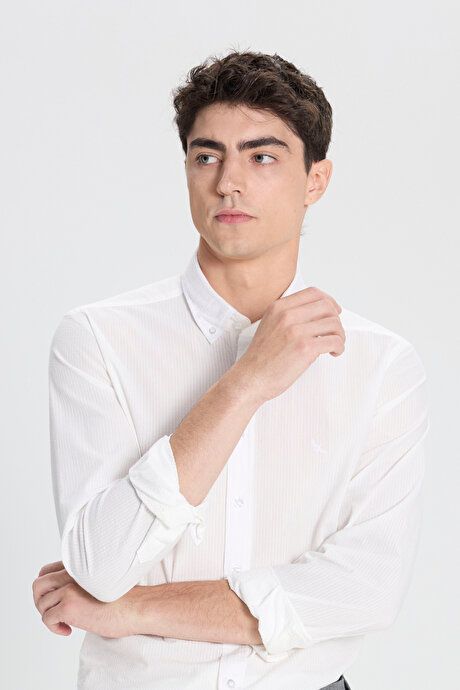 Slim Fit Slim Fit Button-down Collar 100% Cotton White Shirt 4C2024200002BYZ