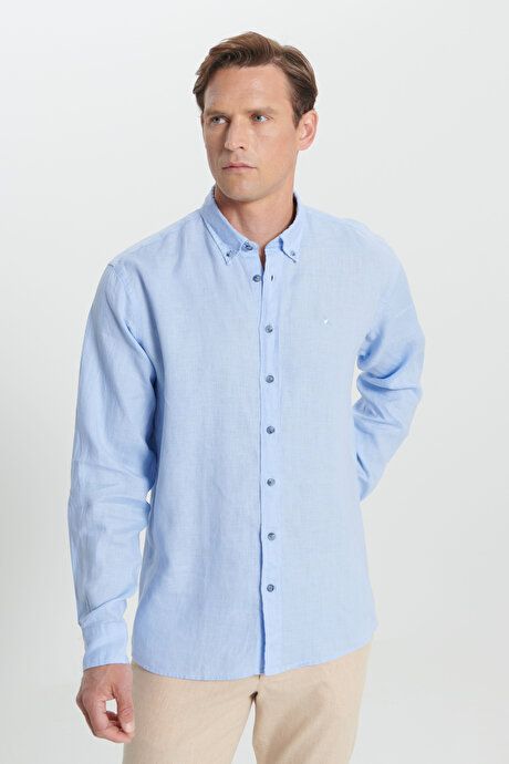 Comfort Fit Relaxed Fit 100% Linen Button-down Collar Light Blue Shirt 4C2024200023amv