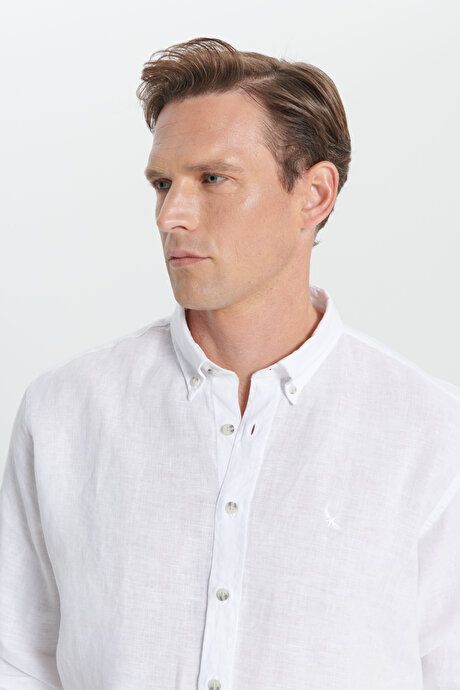 Comfort Fit Relaxed Fit 100% Linen Button-down Collar White Shirt 4C2024200023BYZ