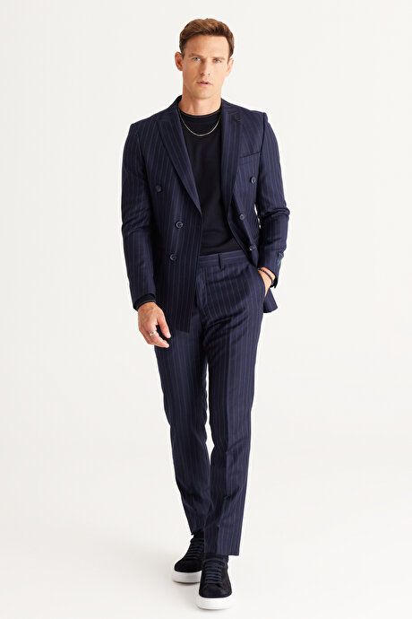 Slim Fit Slim Fit Swallow Neck 100% Wool Striped Navy Blue Suit 4C3024100004LAC