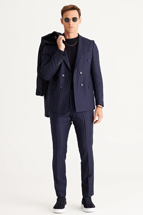 Slim Fit Slim Fit Swallow Neck 100% Wool Striped Navy Blue Suit 4C3024100004LAC