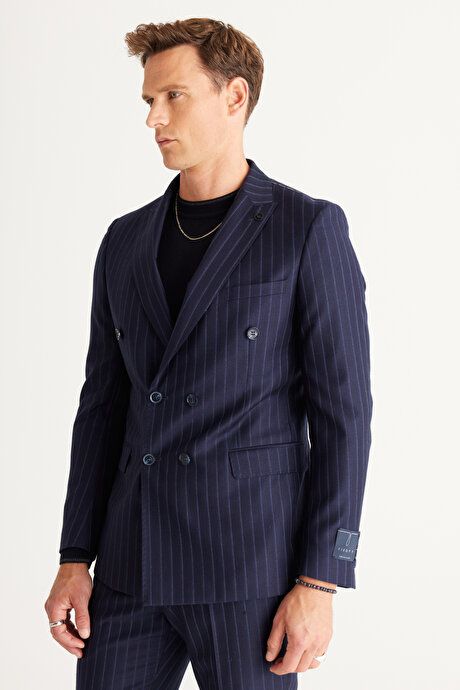 Slim Fit Slim Fit Swallow Neck 100% Wool Striped Navy Blue Suit 4C3024100004LAC