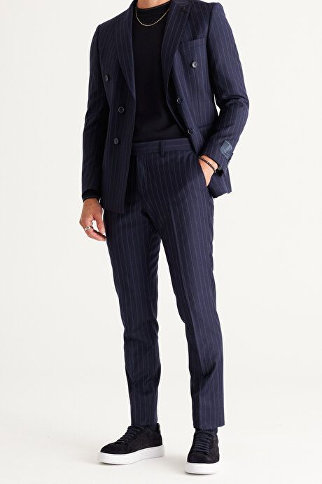 Slim Fit Slim Fit Swallow Neck 100% Wool Striped Navy Blue Suit 4C3024100004LAC