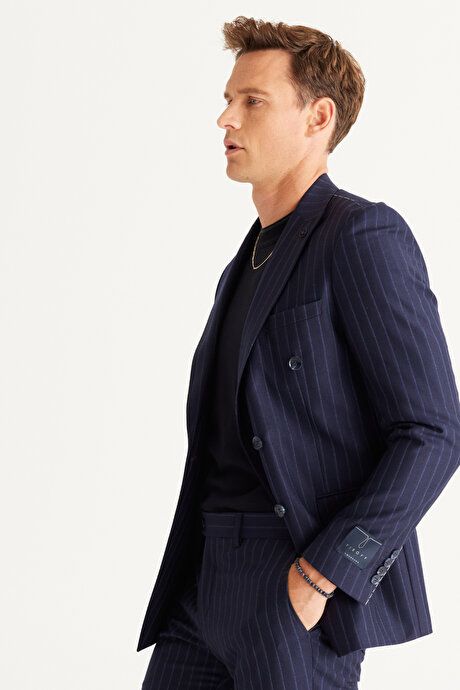 Slim Fit Slim Fit Swallow Neck 100% Wool Striped Navy Blue Suit 4C3024100004LAC