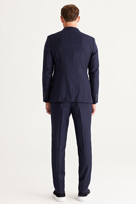 Slim Fit Slim Fit Swallow Neck 100% Wool Striped Navy Blue Suit 4C3024100004LAC