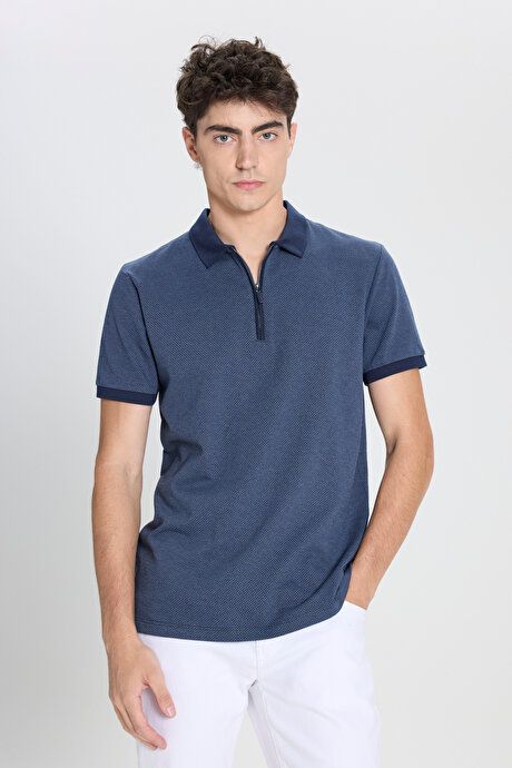 Slim Fit Slim Fit Polo Collar Jacquard Navy Blue T-Shirt 4C4824200022LAC