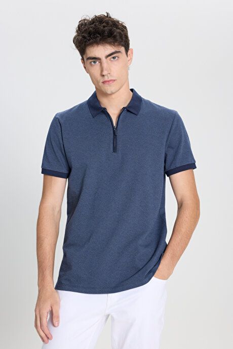 Slim Fit Slim Fit Polo Collar Jacquard Navy Blue T-Shirt 4C4824200022LAC