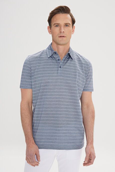 Regular Fit Relaxed Fit 100% Cotton Striped Polo Collar Navy-Ecru T-Shirt 4C4824200040LEC