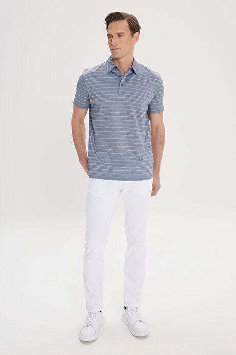 Regular Fit Relaxed Fit 100% Cotton Striped Polo Collar Navy-Ecru T-Shirt 4C4824200040LEC