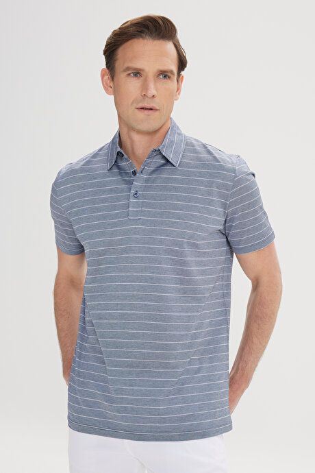 Regular Fit Relaxed Fit 100% Cotton Striped Polo Collar Navy-Ecru T-Shirt 4C4824200040LEC