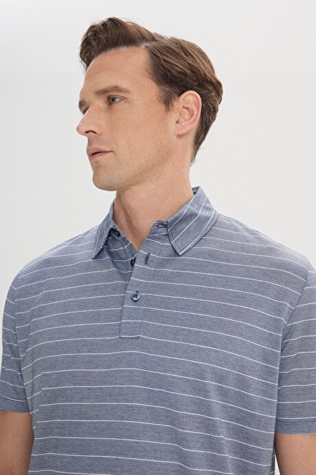 Regular Fit Relaxed Fit 100% Cotton Striped Polo Collar Navy-Ecru T-Shirt 4C4824200040LEC